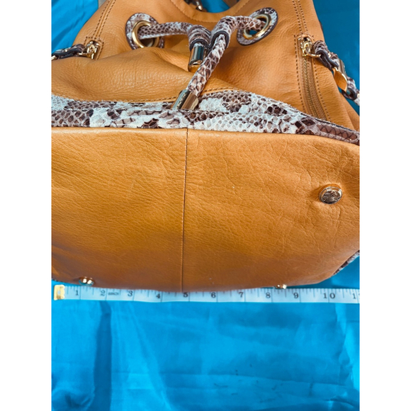 B Makowsky Tan Leather Bucket Bag Alligator Trim & Leopard Lining Ex Condition - Picture 14 of 16